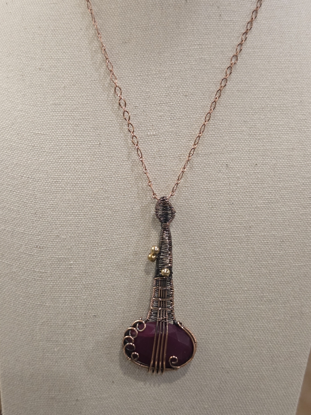 Handcrafted Copper Wire Guitar Pendant Necklace with Purple Stone